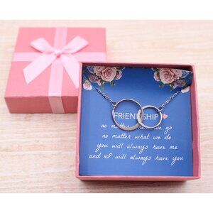 NEW Friendship Interlocking Rings Necklace With Gift Bow Box Silver Tone BFF NIB